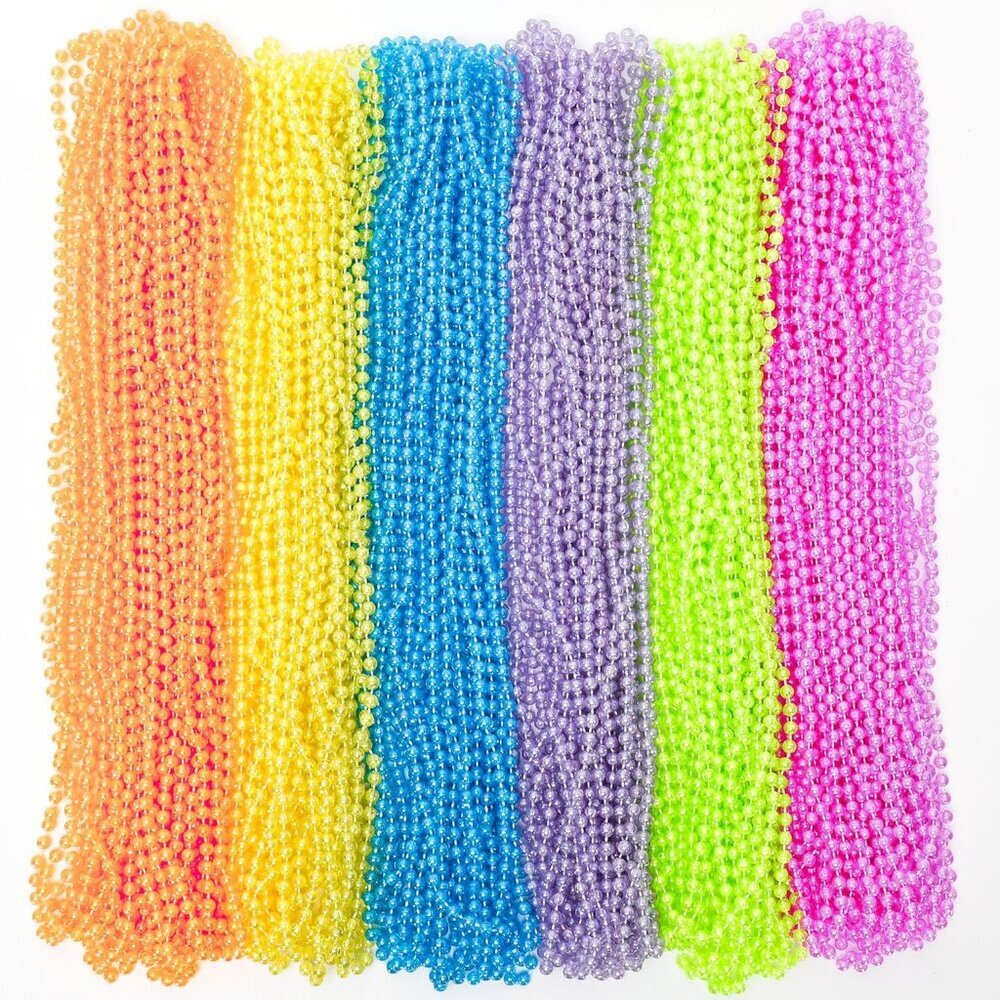 100PCS Mardi Gras Beads, 6 Kinds Colorful Bead Necklaces Bulk, 33" Metallic Roun